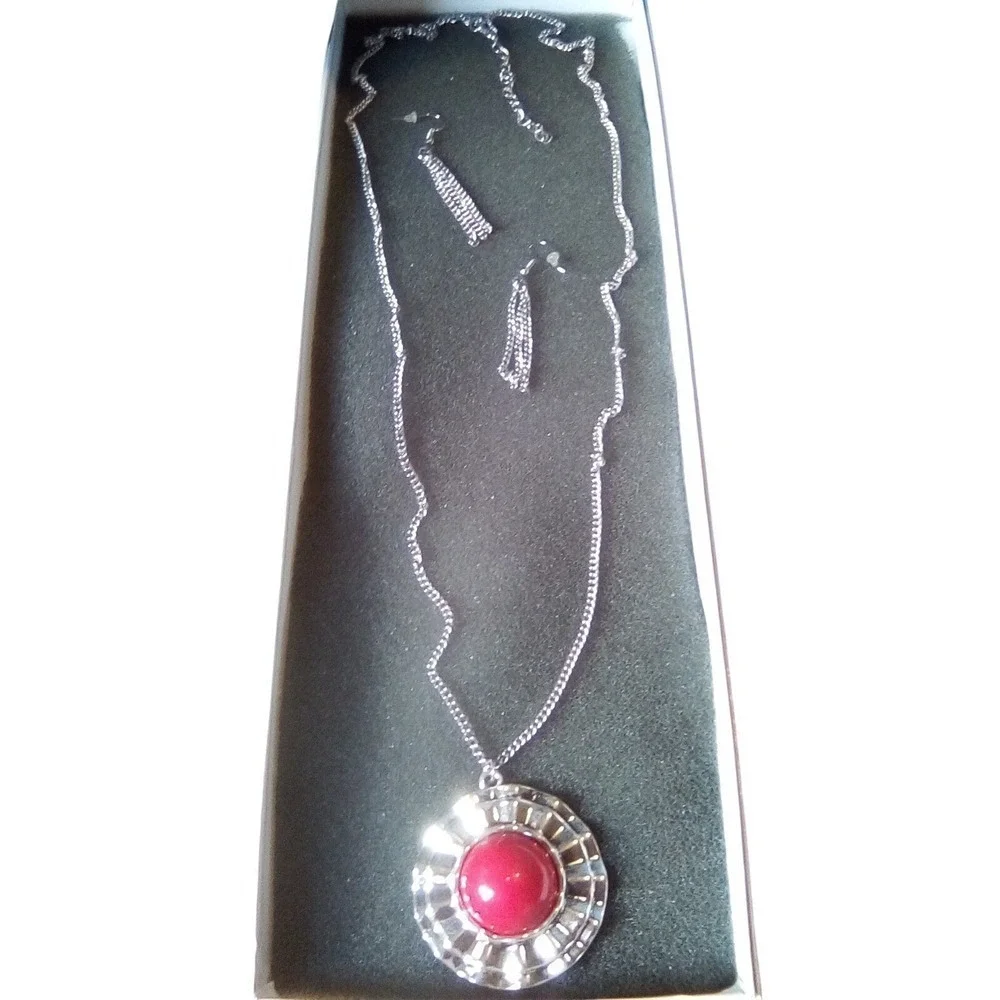 Silver Tone Necklace & Drop Earrings Set with Red Stone Fashion Jewelry gift box